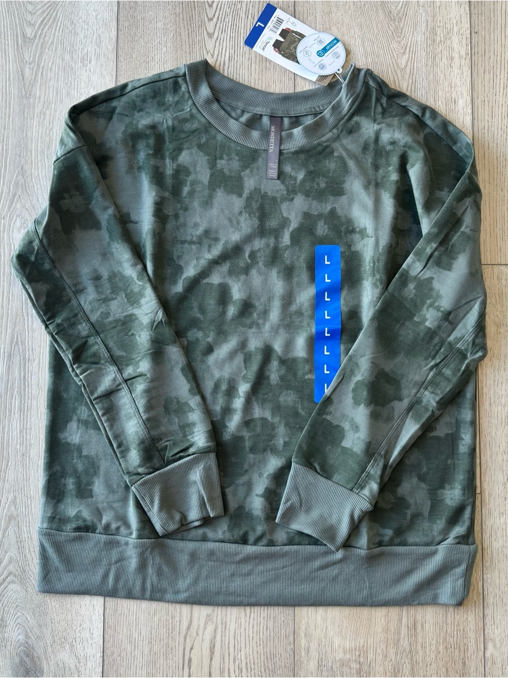 Mondetta Ladies’ Active Lightweight Top Crew Sweatshirt Camo Green Large NWT